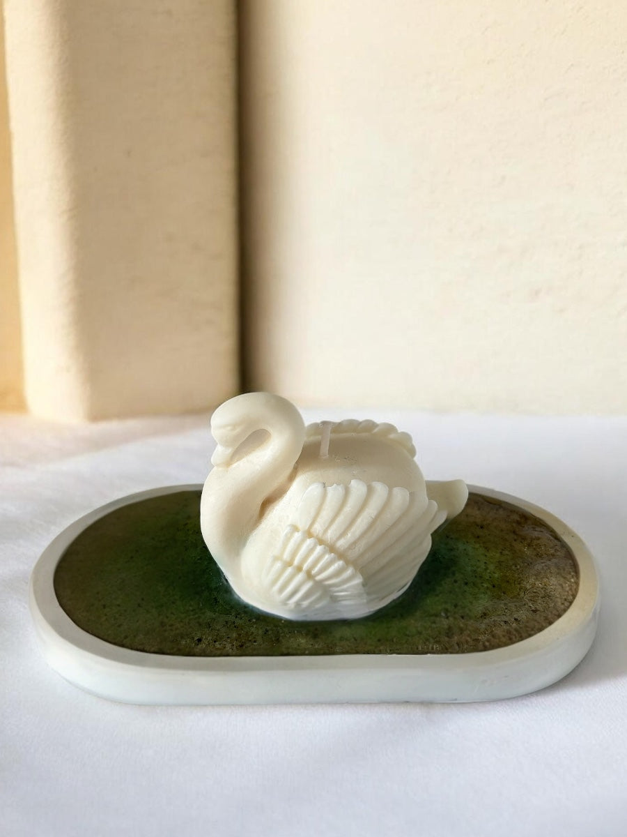 swan on lake candles on jasmonite tray